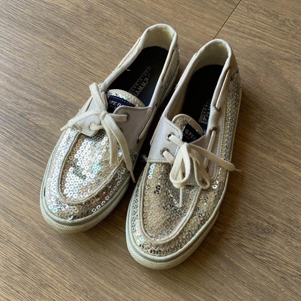 Silver Grey Sequin Sperry Loafers
